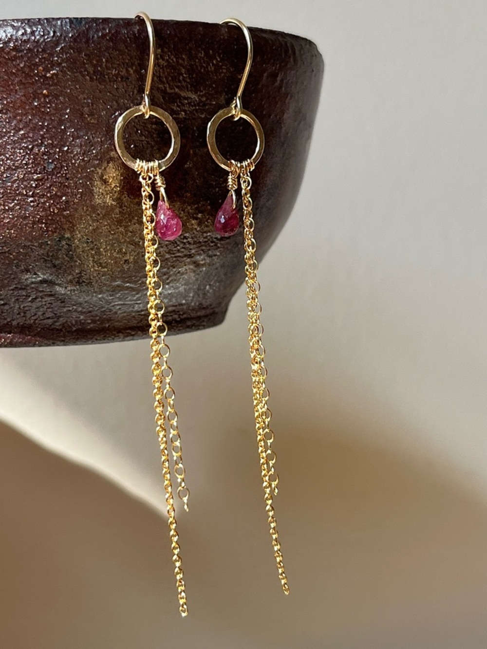 Gold Filled Pink Tourmaline Long Chain Tassel Drop Earrings